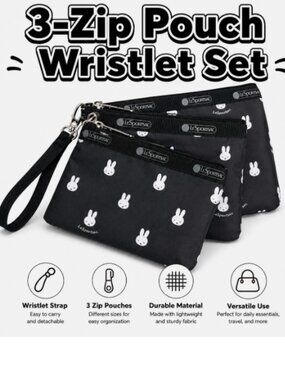 (Set of3) Miffy Lesportsac Black Wristlet Purse Travel Portable Wallet Bag Pouch